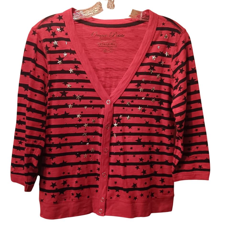 Onque Petite Top PM Red Navy Striped Silver Stars 4th of July 3/4 Sleeves Snaps